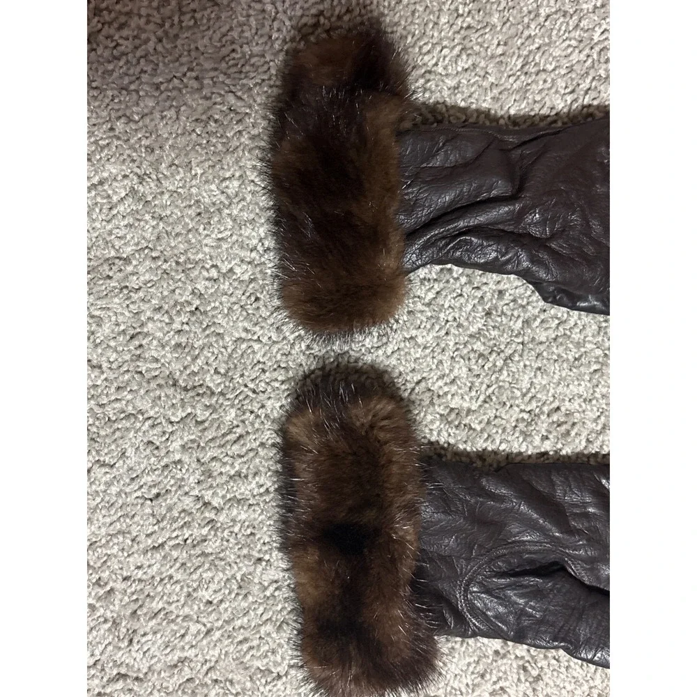 Vintage Brown Leather Gloves Real Fur Trim 100% Wool Lined Made in Hungary